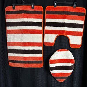 NOS Vtg MCM Bathroom Set  Matching  Scatter Rugs Toilet Cover Brown Orange Cream